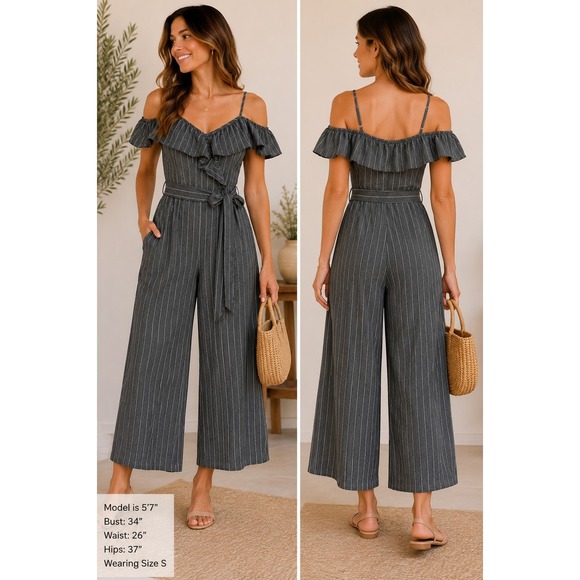 Umgee Pants - Umgee Grey Striped Off Shoulder Wide Leg Jumpsuit S Pocket Belted Ruffle Coastal